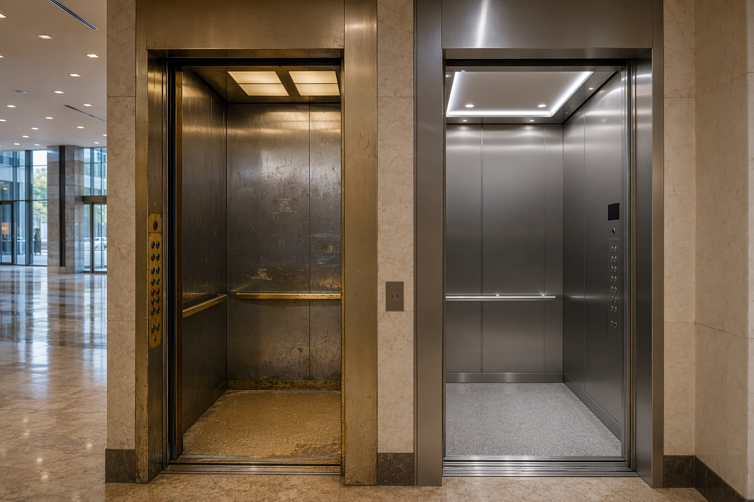 Side-by-side comparison of an aging elevator cab and a modernized elevator interior inside a Houston commercial office building lobby, illustrating modernization vs replacement cost decisions.