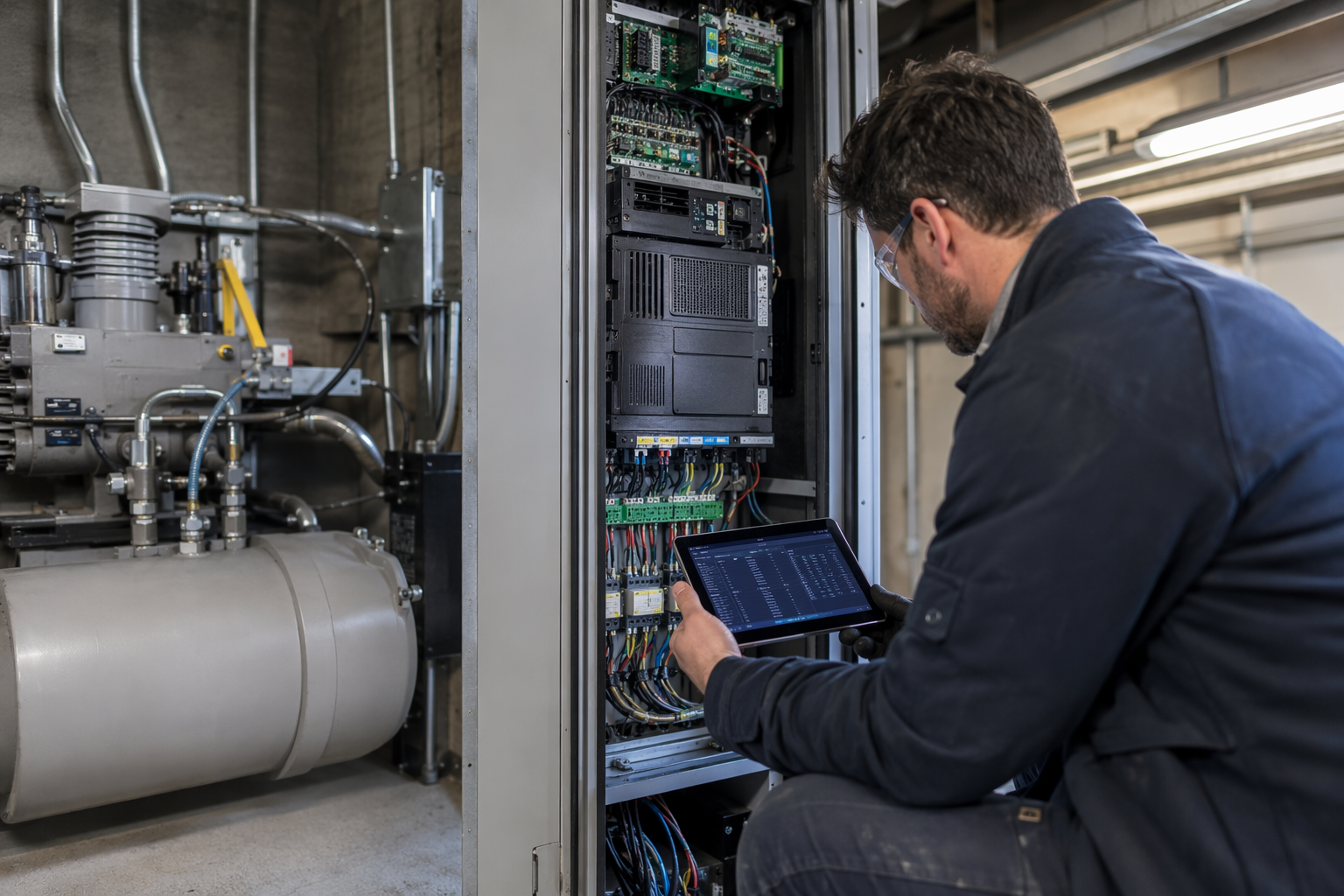 Elevator technician inspecting a modern VFD controller cabinet in a Dallas commercial building machine room during an elevator modernization controls upgrade project.