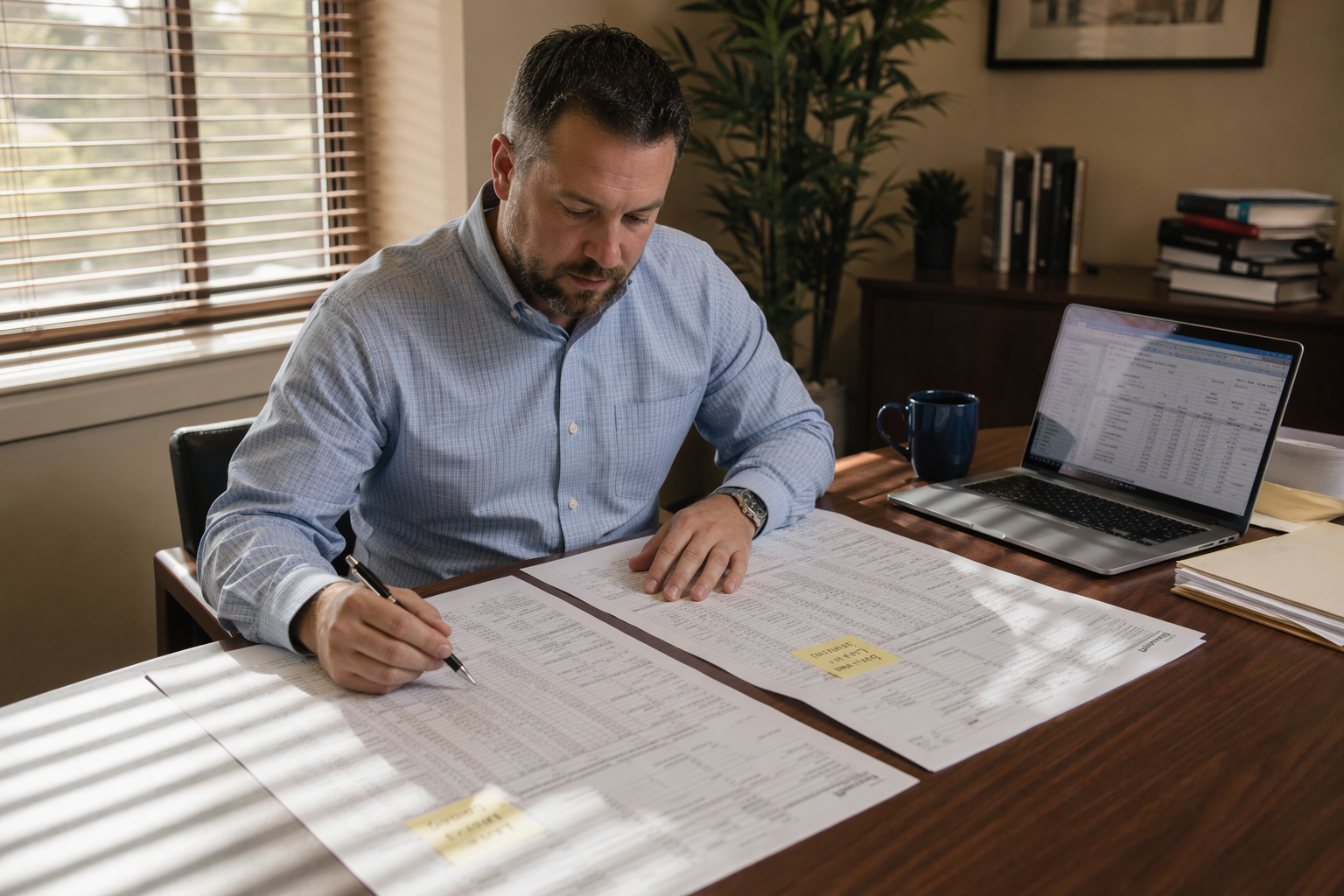 Building manager in San Antonio reviewing and comparing elevator modernization versus full replacement contractor bid documents at an office desk to evaluate capital costs.