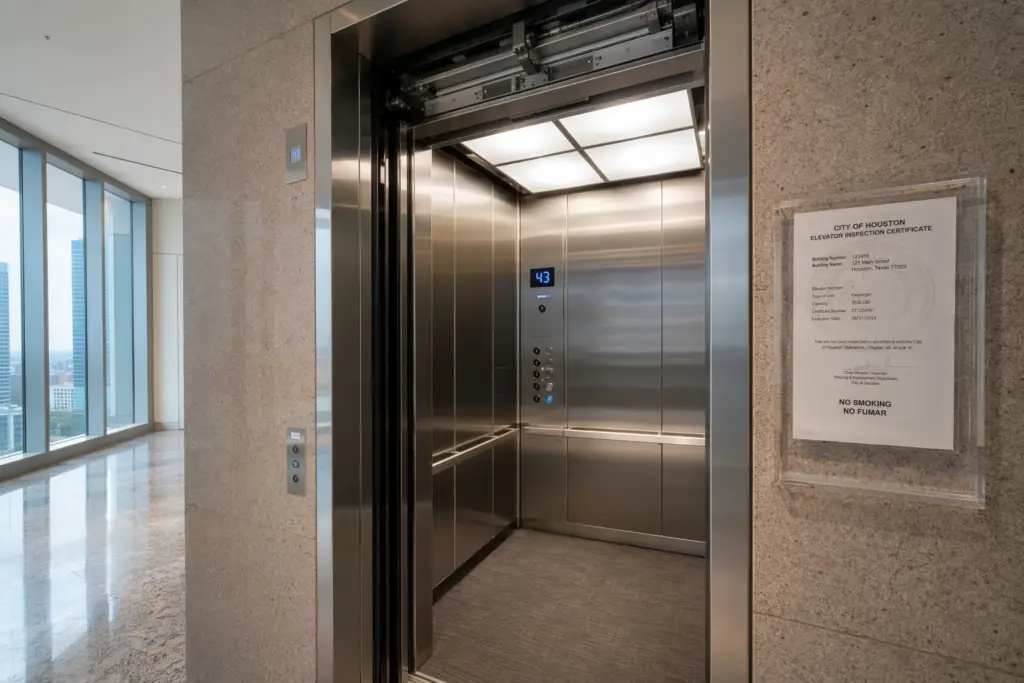 Open elevator cab in Houston commercial building showing inspection certificate mounted beside door jamb, illustrating elevator safety code compliance requirements for building owners