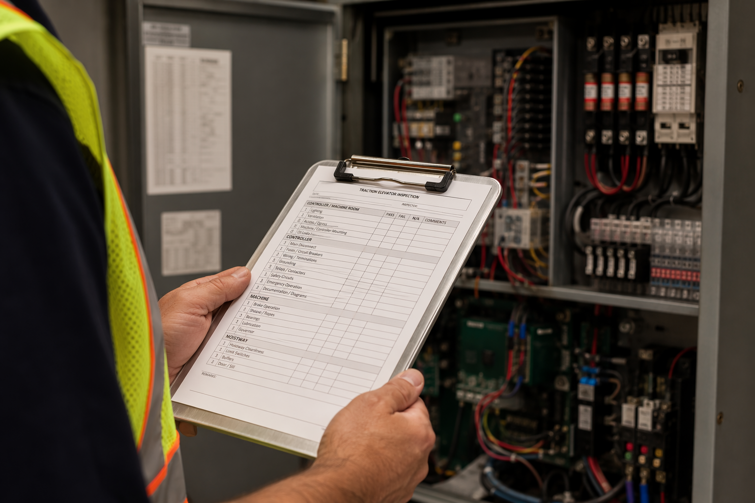 Elevator inspector reviewing ASME A17.1 compliance checklist in a commercial machine room in Dallas TX, showing Category 1 and Category 5 periodic test documentation