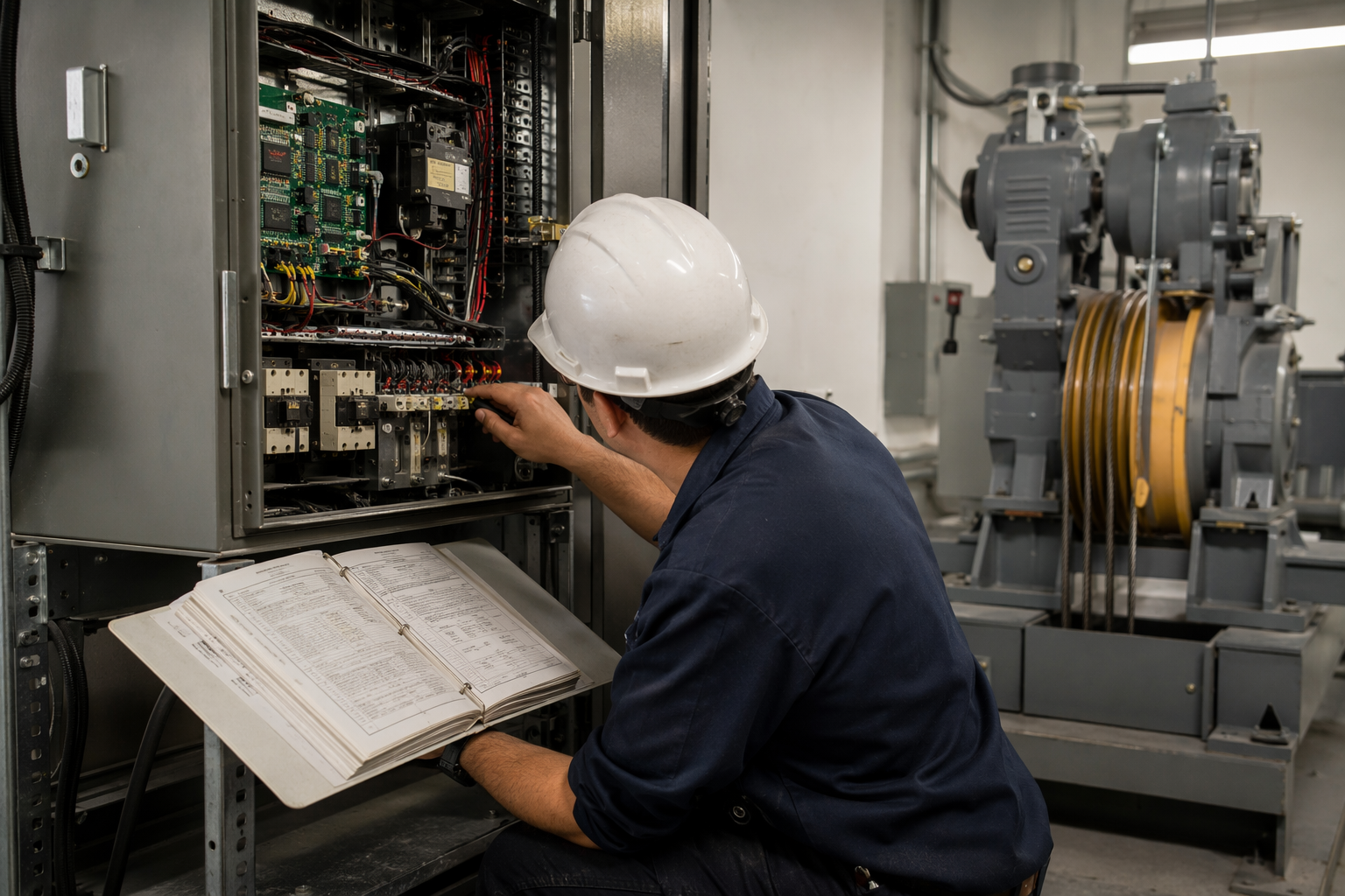 Licensed elevator mechanic inspecting a traction elevator controller in a Dallas TX machine room, performing legally authorized maintenance work governed by ASME A17.1 safety code