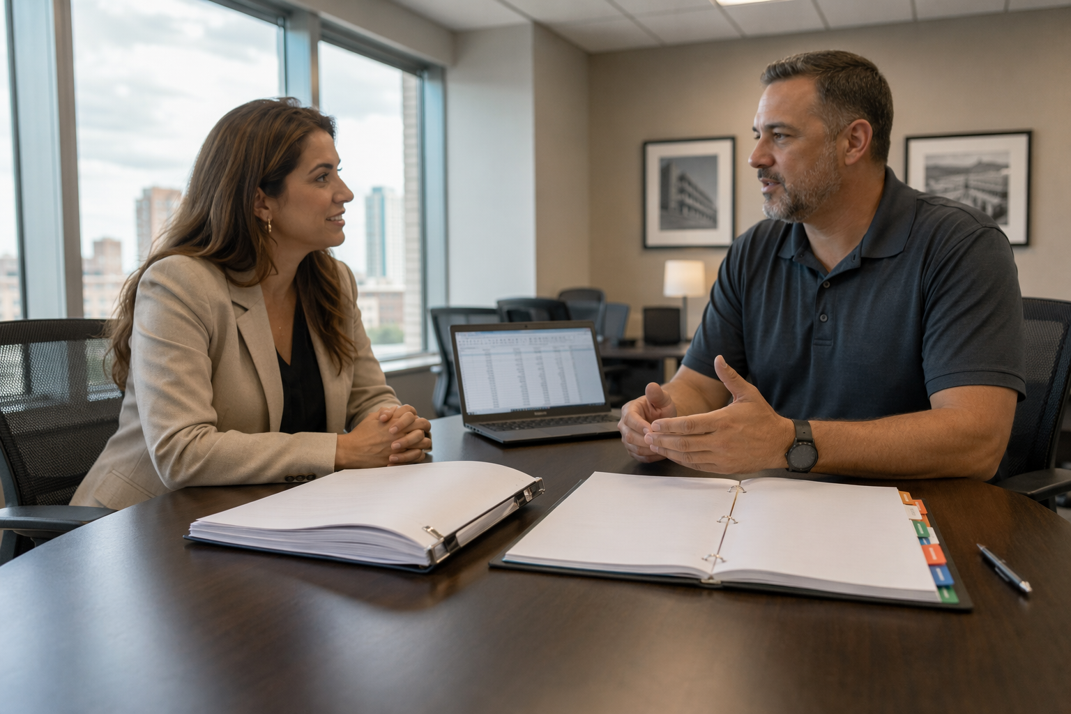 Property manager and elevator service representative comparing OEM and independent elevator maintenance contract documents in a San Antonio TX office, highlighting differences in contract flexibility 