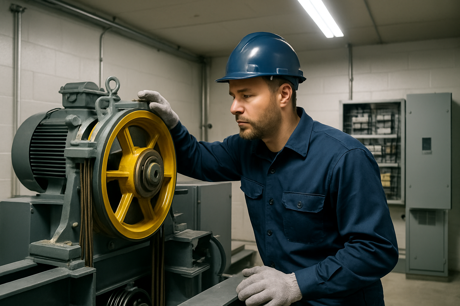 IUEC-certified elevator service technician inspecting traction elevator machinery in an Austin TX commercial building machine room