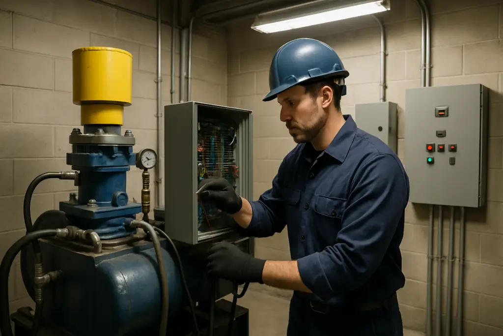IUEC-certified elevator service technician performing maintenance in a Houston TX commercial building machine room with hydraulic control equipment