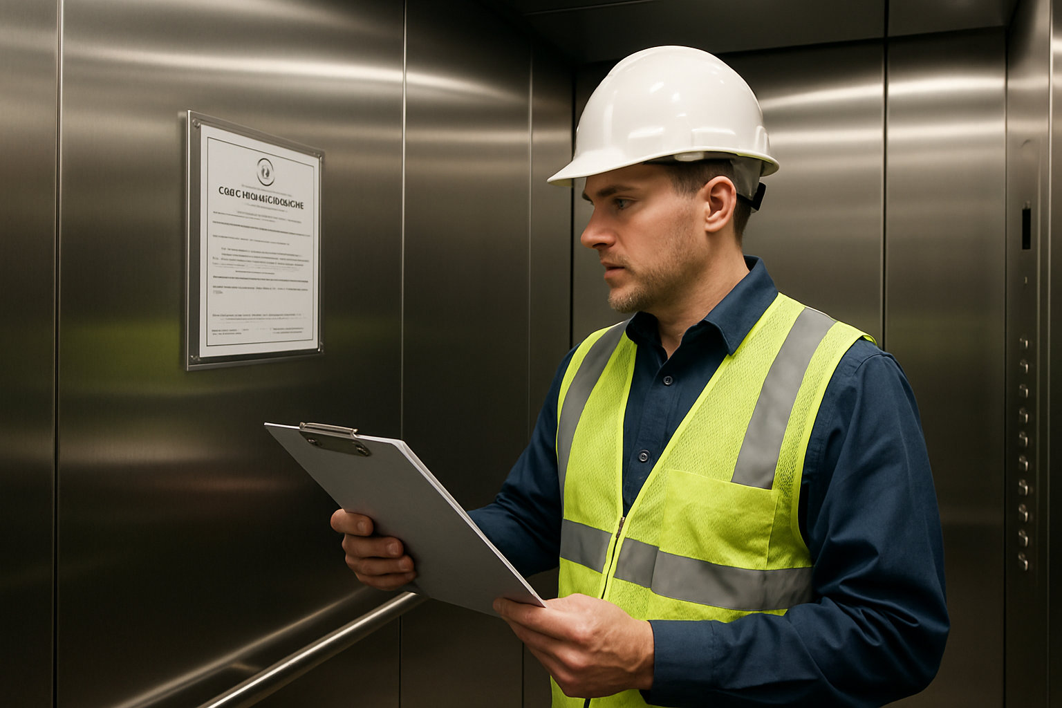 Licensed Texas elevator inspector reviewing a Certificate of Compliance and ASME A17.1 inspection report inside a Houston TX commercial elevator cab