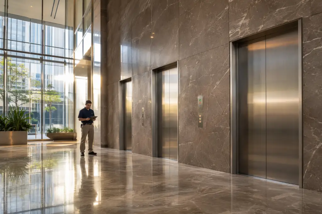 Elevator service in Los Angeles CA — bank of stainless steel elevator doors in a modern LA office building lobby with a certified elevator technician reviewing inspection records.