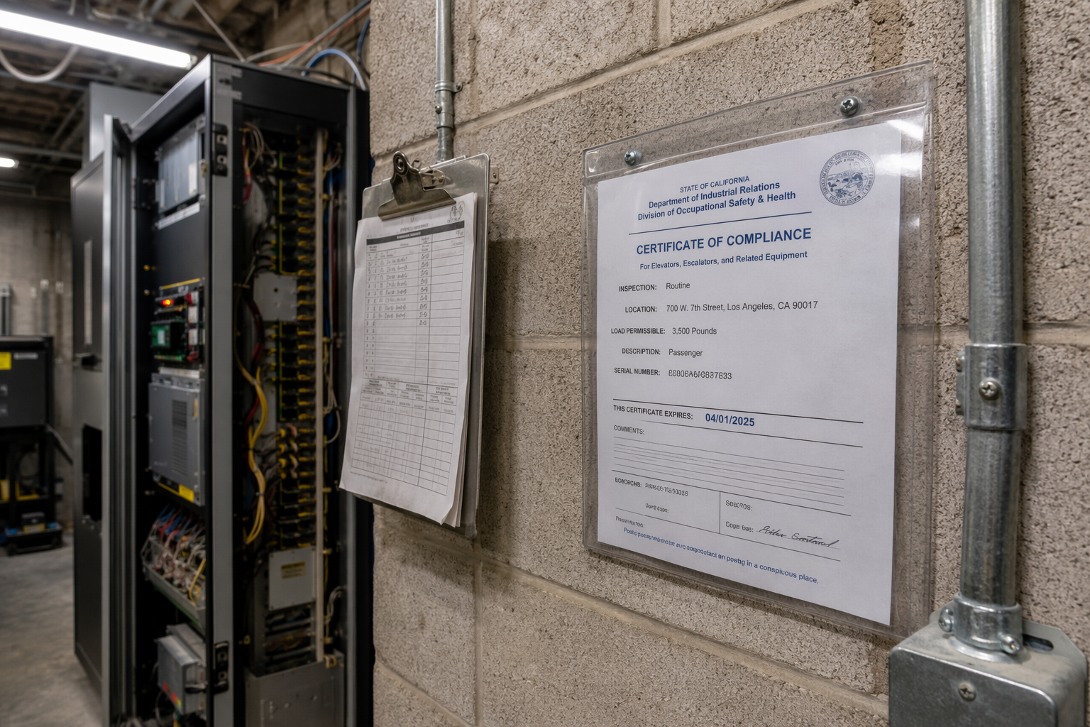 Cal/OSHA elevator Certificate of Compliance posted in a Los Angeles building machine room, required for elevator code compliance under California Title 8 regulations.