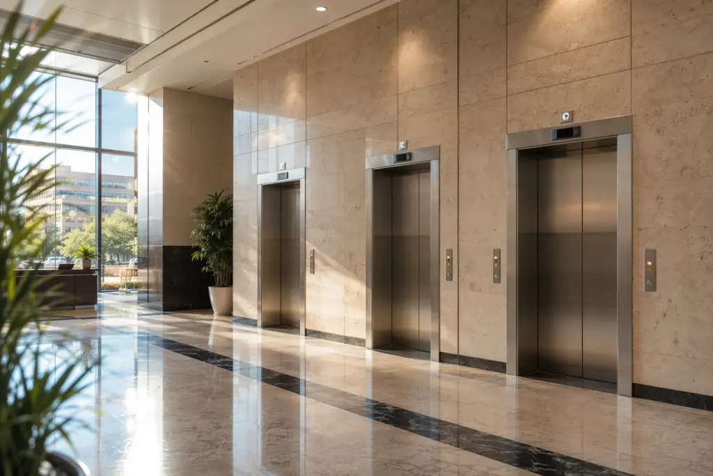 Commercial elevator bank in a San Antonio TX office building lobby, showing three stainless-steel elevator doors with brushed-metal surrounds and illuminated call buttons.