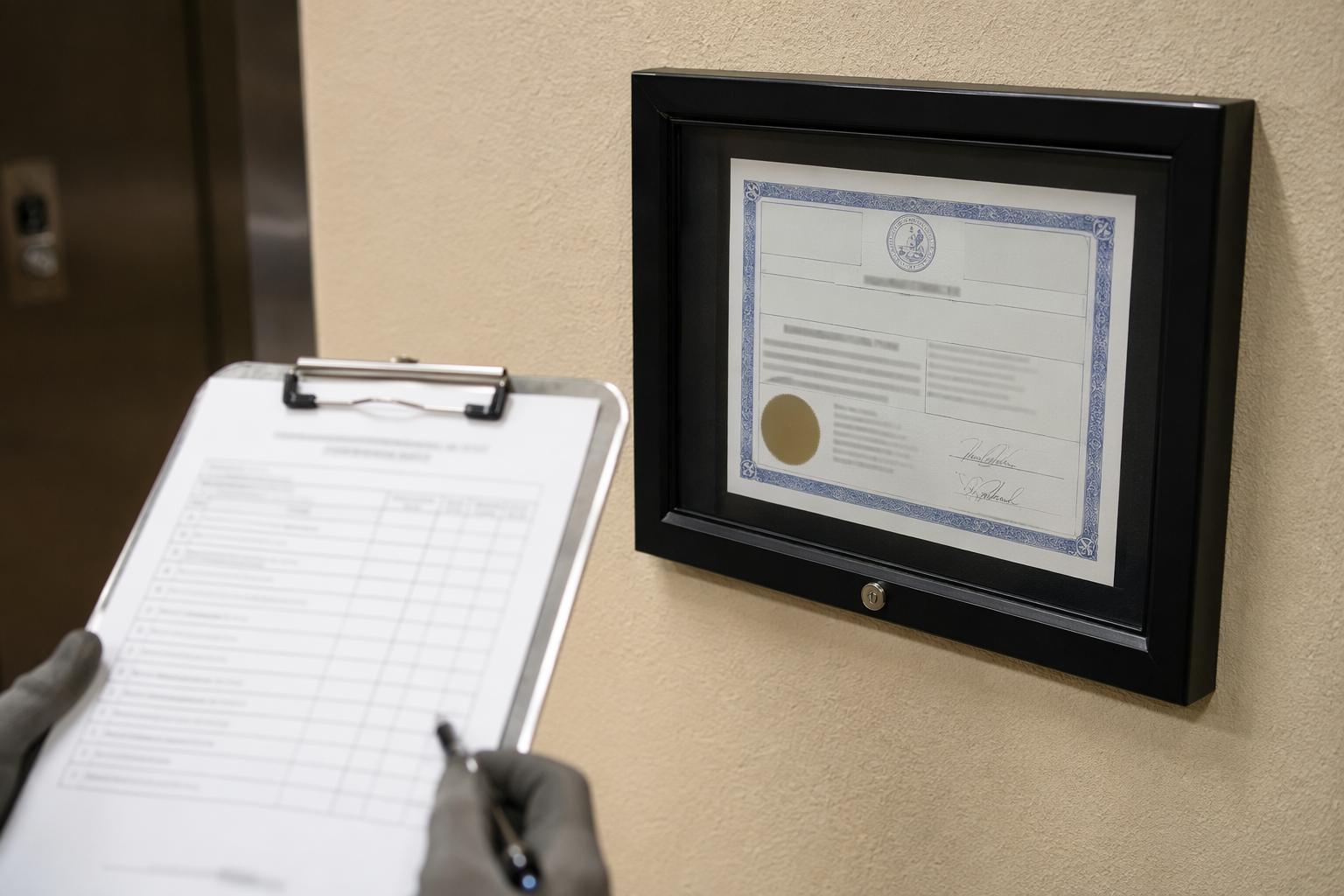 Texas elevator inspection certificate mounted on a San Antonio building wall next to an inspector's clipboard, representing TDI code compliance requirements for elevator service.