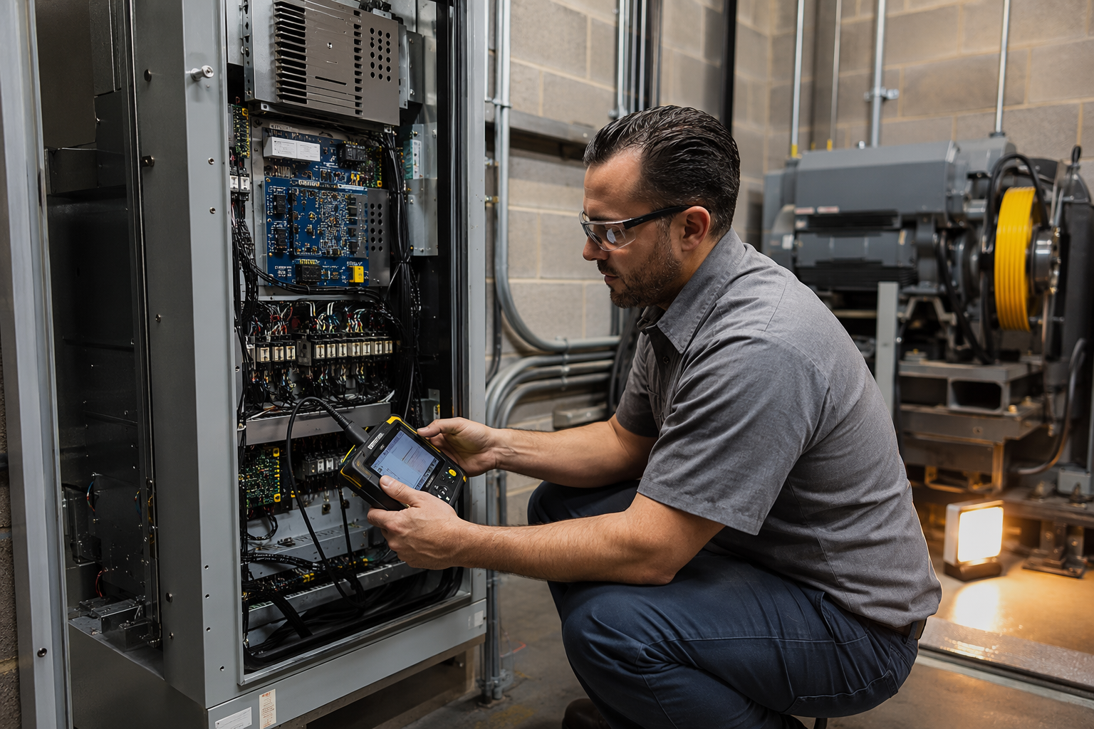 Elevator mechanic servicing a solid-state elevator controller in a San Antonio TX machine room, part of preventive maintenance and modernization services.