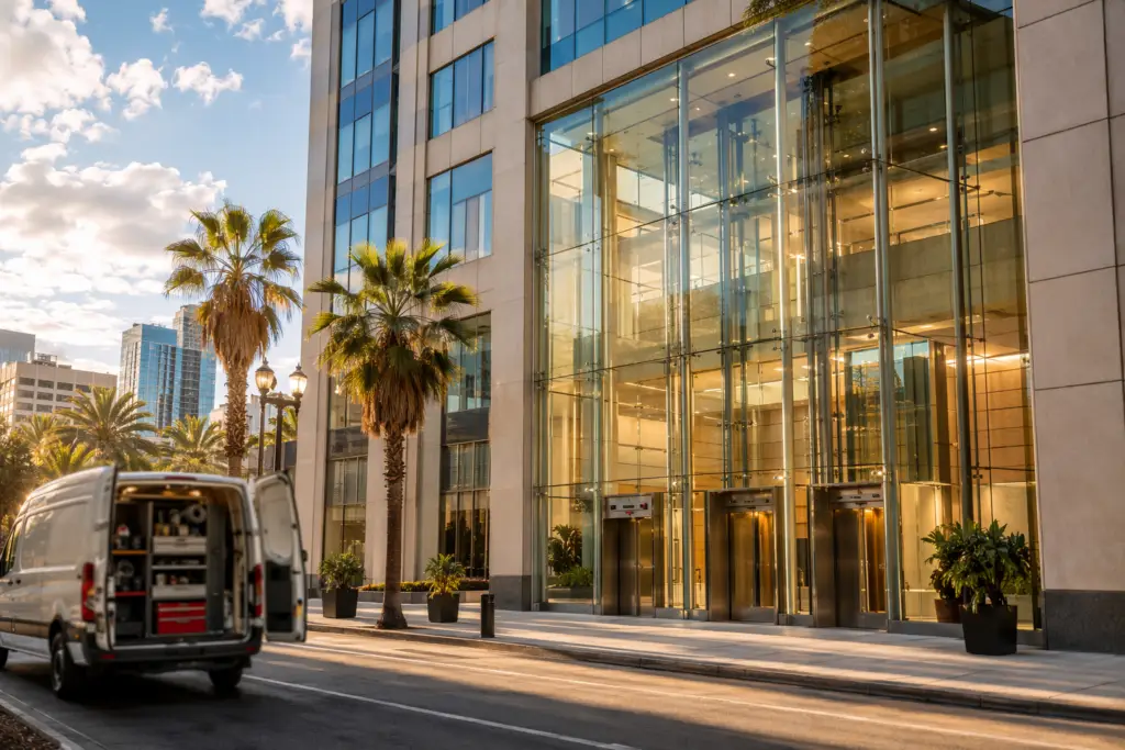 Commercial building in downtown San Diego CA with elevator service van parked outside, representing professional elevator service in San Diego for property managers.