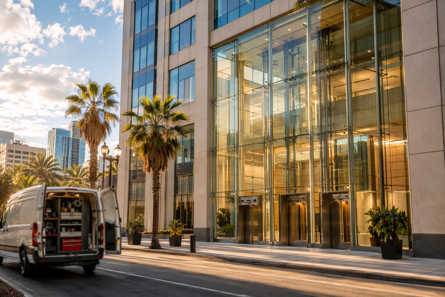 Commercial building in downtown San Diego CA with elevator service van parked outside, representing professional elevator service in San Diego for property managers.