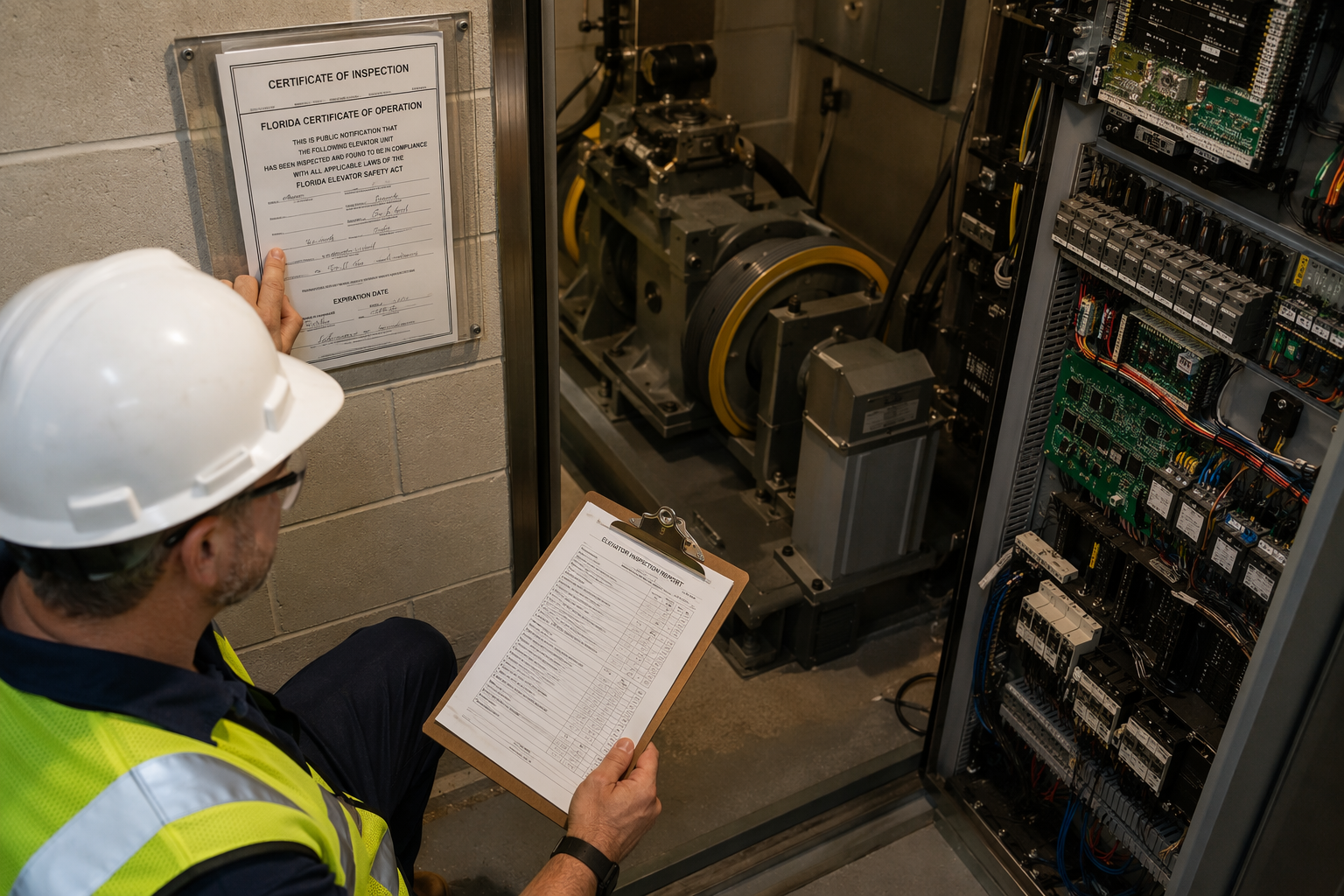 Elevator inspector reviewing a Cal/OSHA compliance certificate in a San Diego building machine room, covering elevator code inspections required in California.