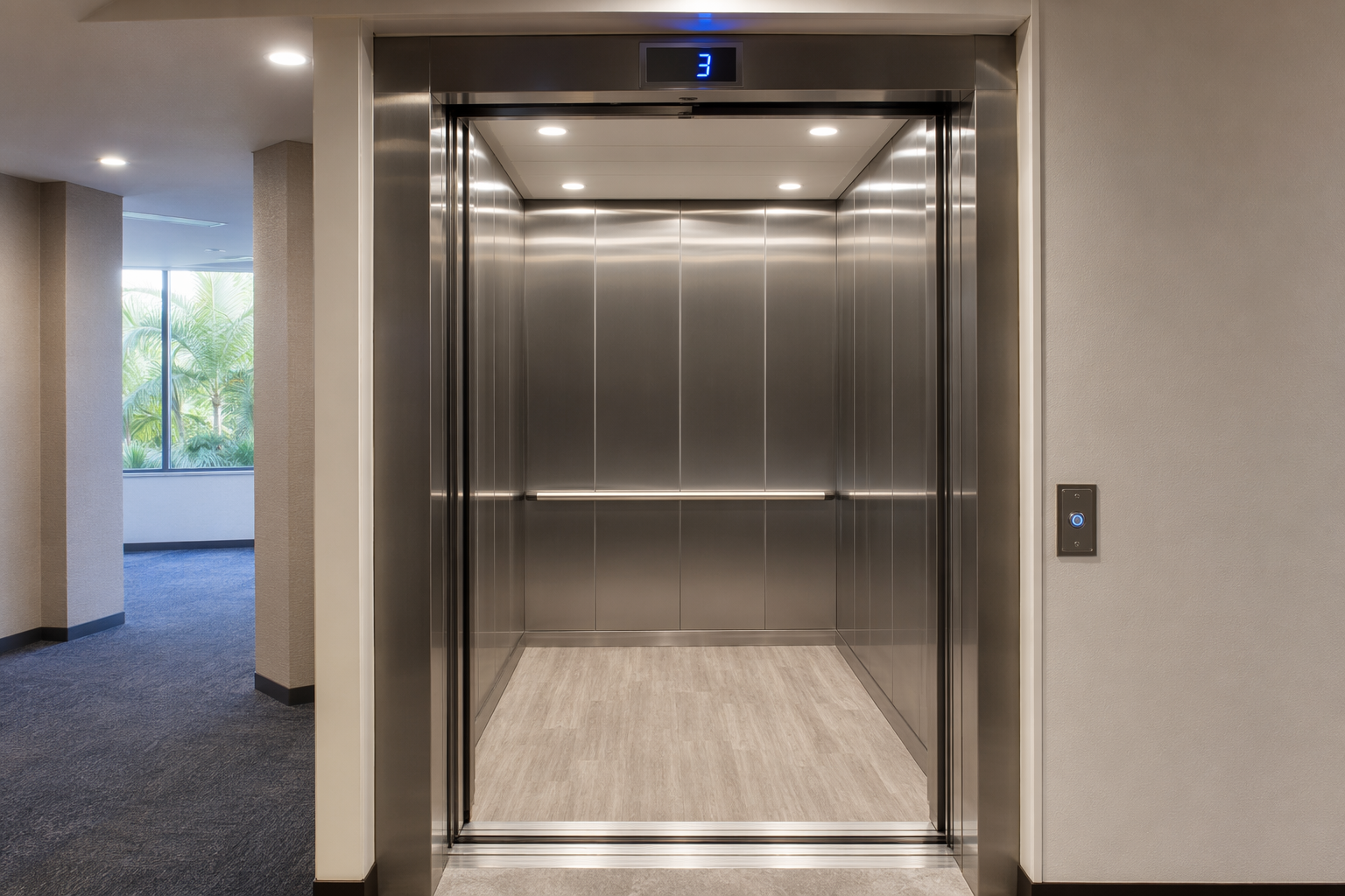 Newly modernized elevator cab interior with brushed stainless panels and LED lighting in a San Diego residential building, showing elevator modernization results.