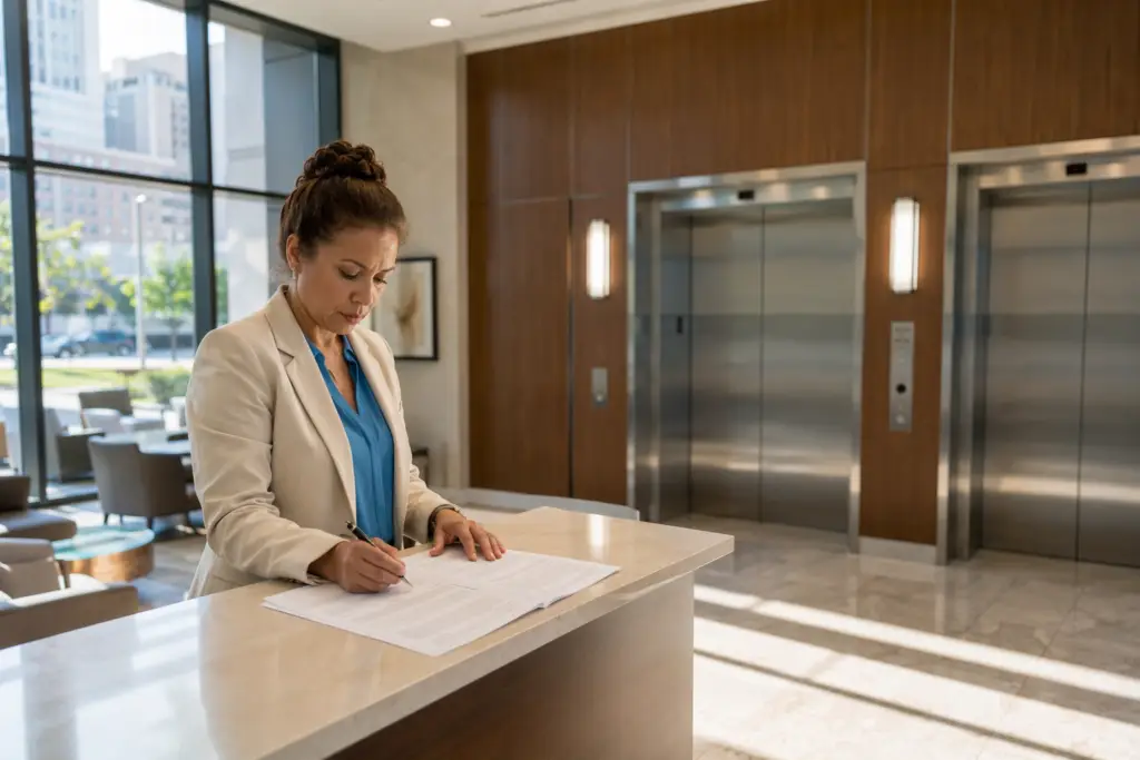 Facility manager reviewing elevator service provider comparison contracts in a modern Houston commercial building lobby with stainless steel elevator doors in background
