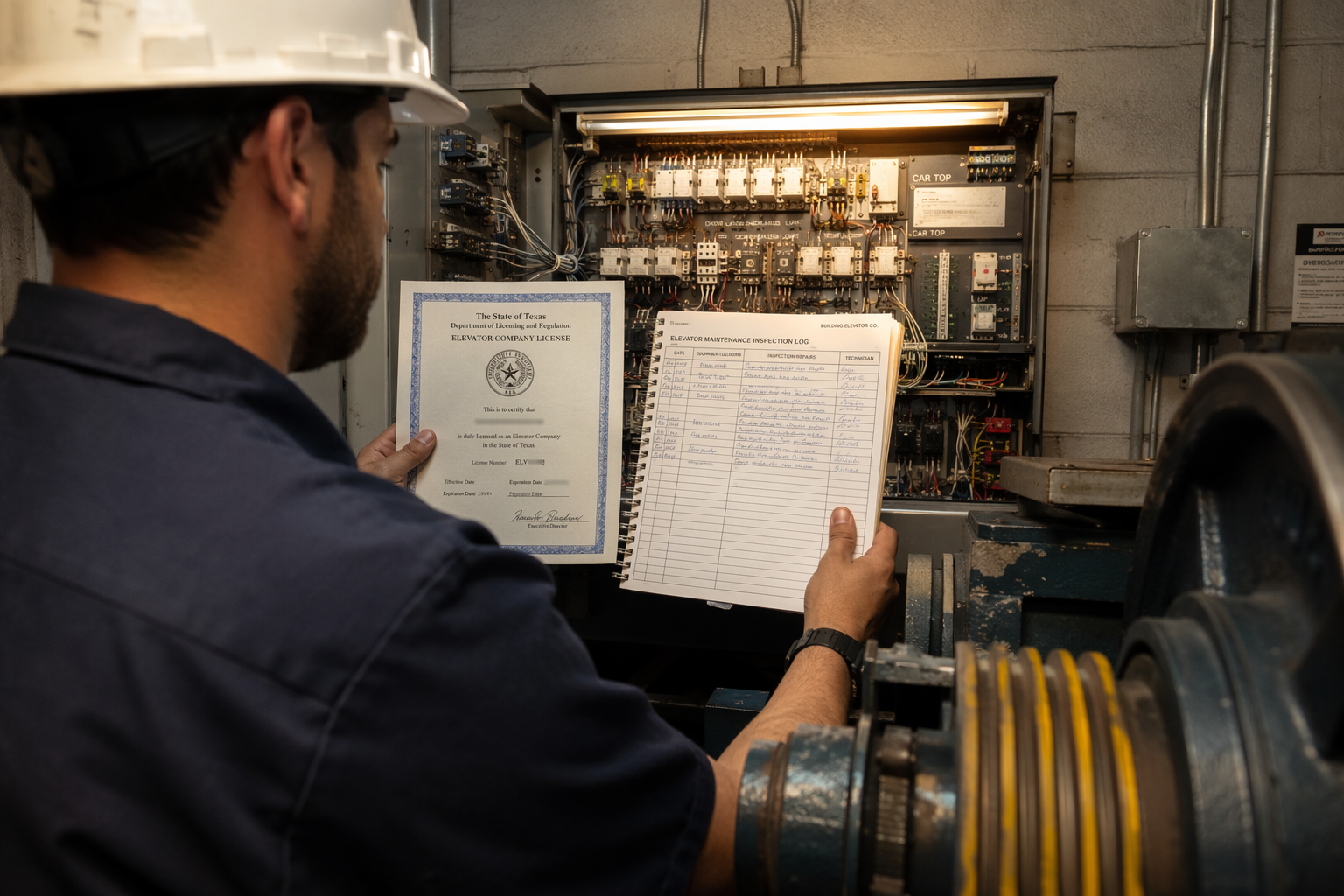 Verifying Elevator Contractor Licensing Licensed elevator technician verifying state contractor license and inspection logbook against machine room controller panel during elevator service provider compliance review