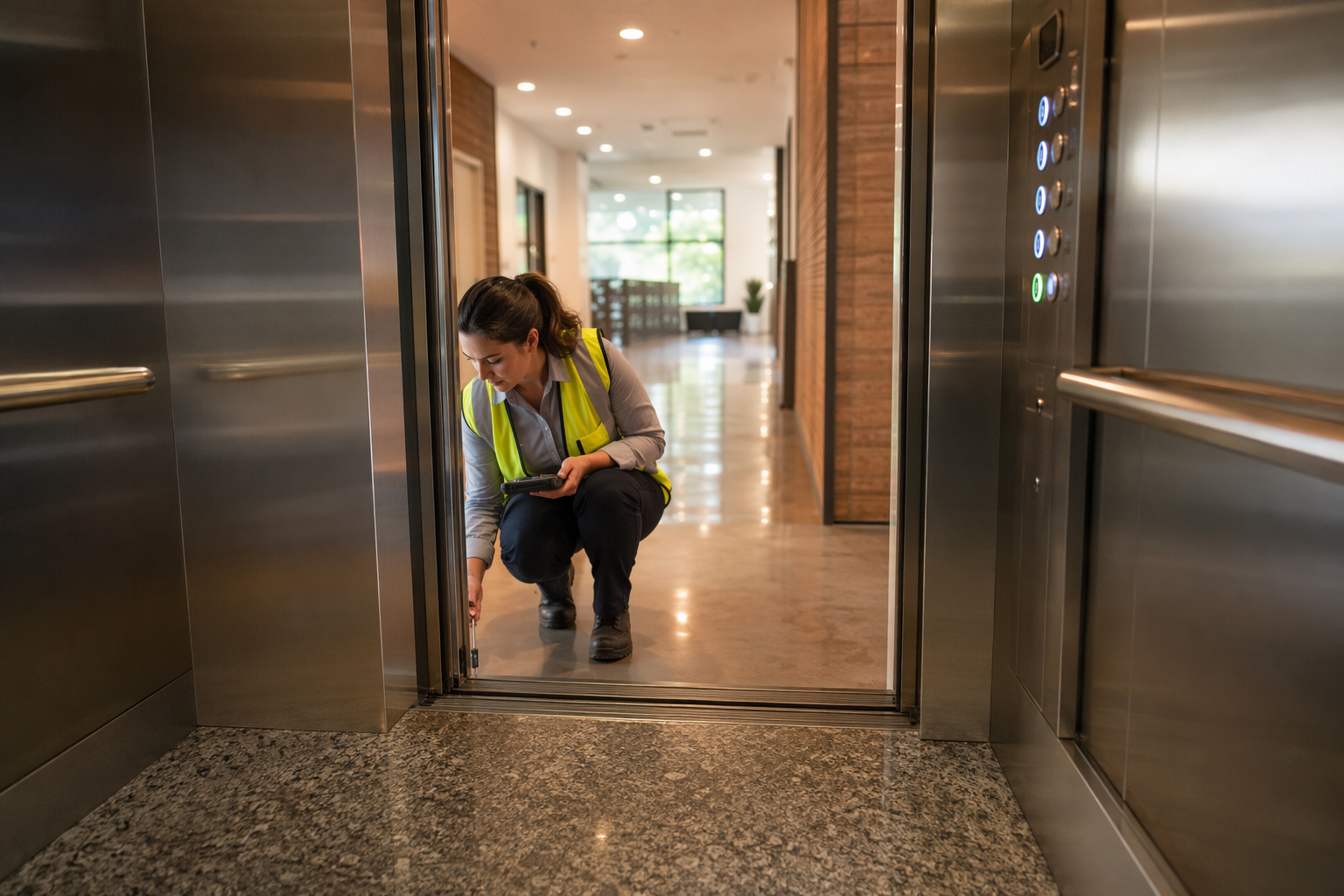 Elevator Maintenance Contract Service in Action Elevator technician adjusting door operator on a modernized commercial elevator cab in a San Diego office building during a scheduled maintenance service visit