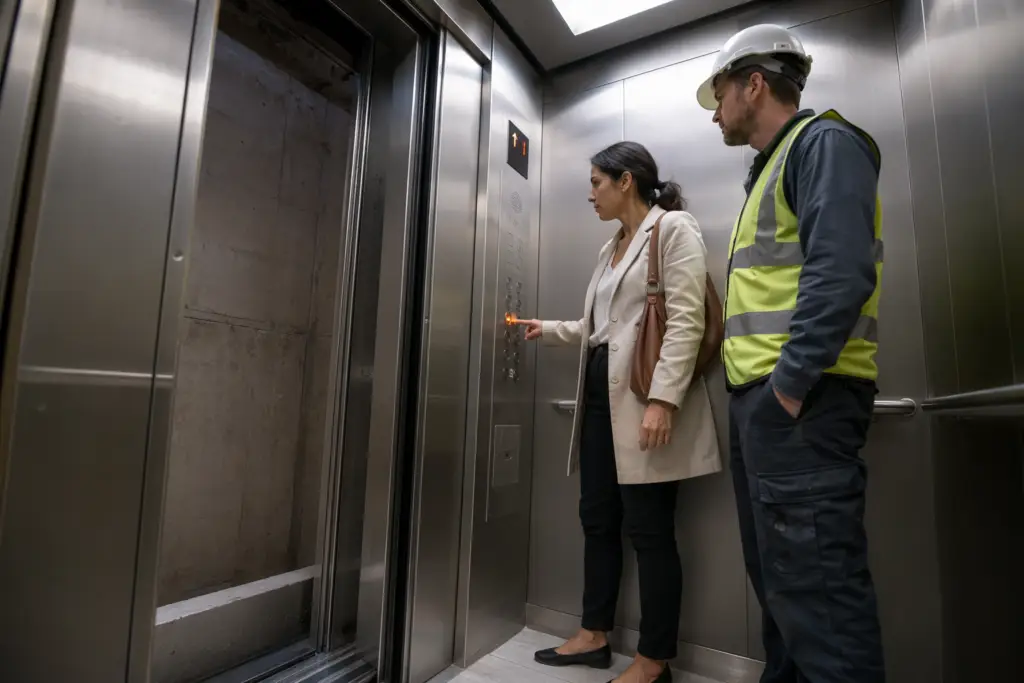 Two building occupants pressing an emergency call button inside a commercial elevator stuck between floors in a Houston office building, waiting for rescue assistance.