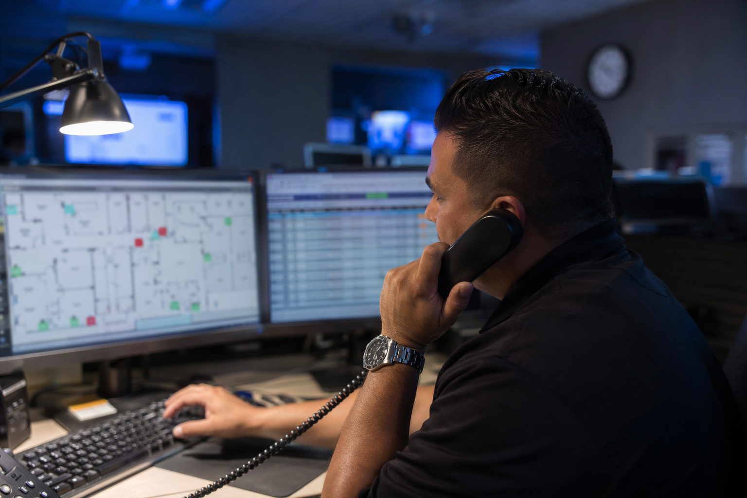 Elevator monitoring center dispatcher answering an emergency call from an elevator stuck between floors, coordinating rescue response for a Texas commercial building.