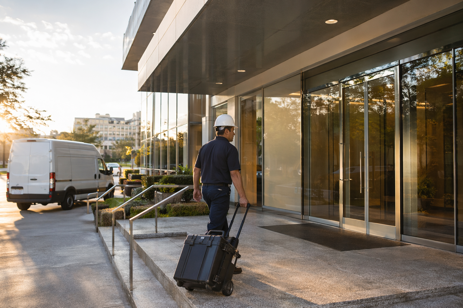 Certified elevator technician arriving with tools at a Houston commercial building to perform emergency rescue and repair of an elevator stuck between floors.