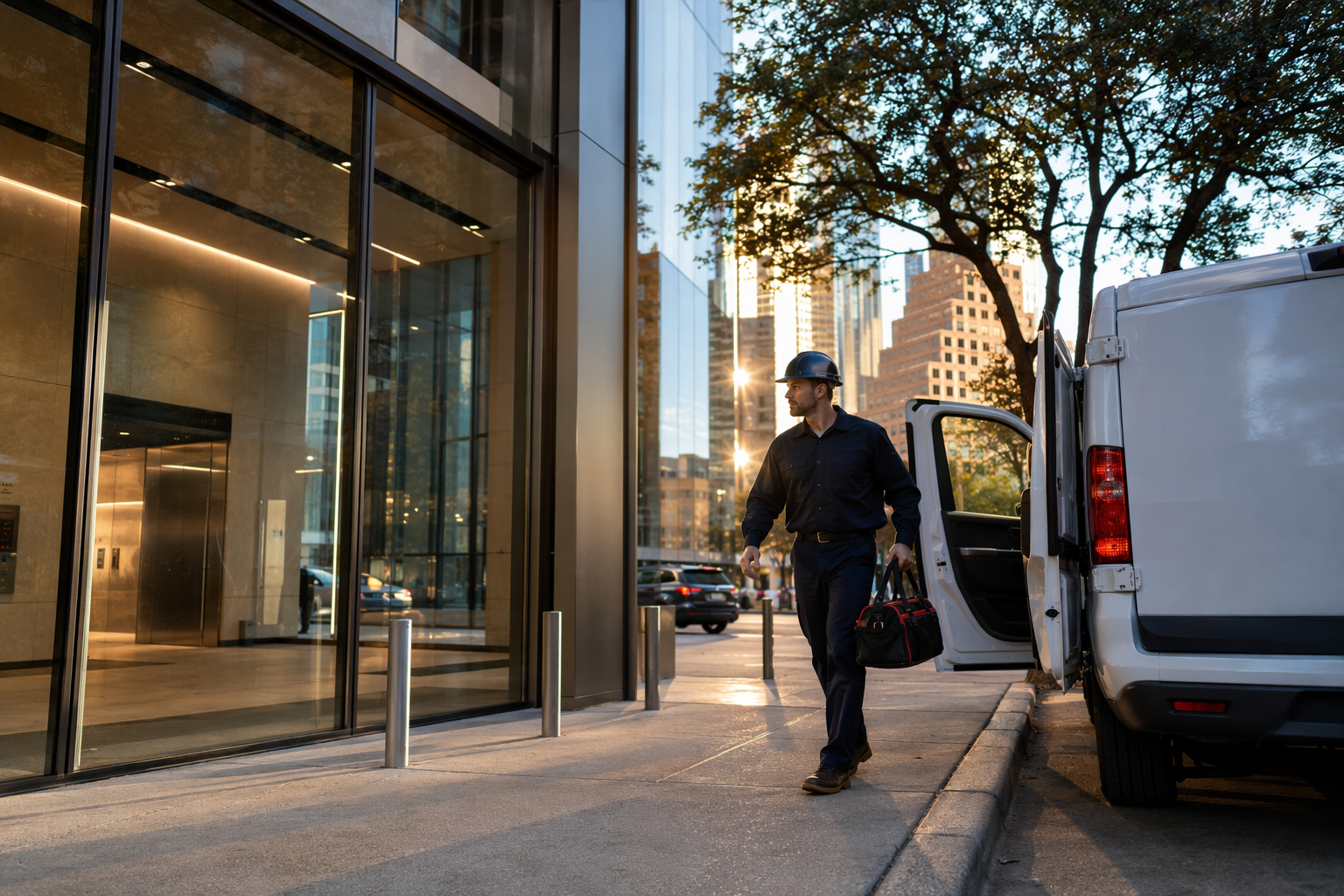 Licensed elevator technician arriving on-site for emergency elevator repair at a downtown Austin TX office building, responding within the 2–4 hour industry standard window.