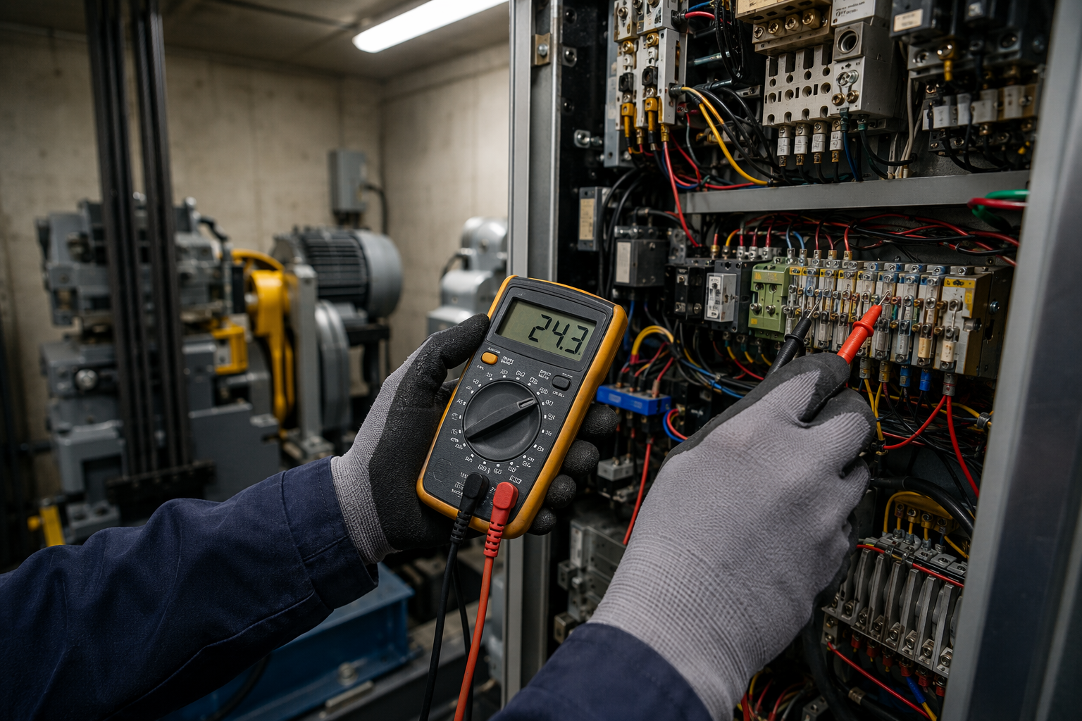 Elevator technician diagnosing a safety circuit fault on a commercial traction elevator controller in an Austin TX machine room during an emergency repair call.