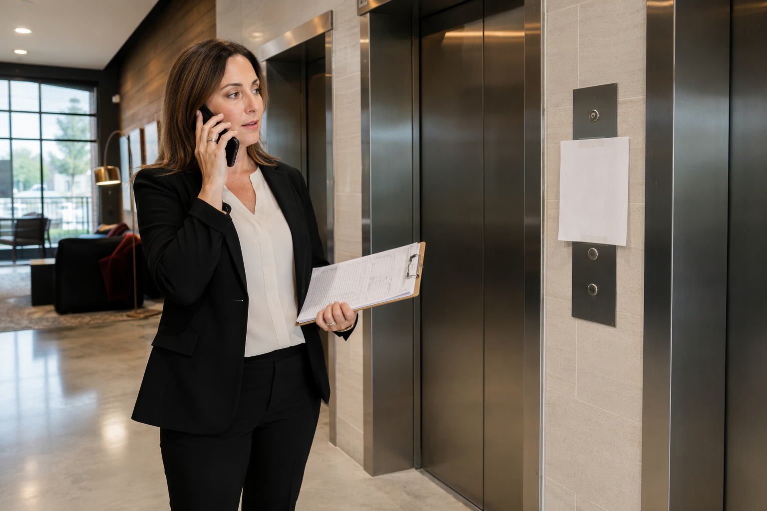 Austin TX apartment building manager contacting an emergency elevator repair contractor after placing an out-of-service notice on a malfunctioning elevator cab.