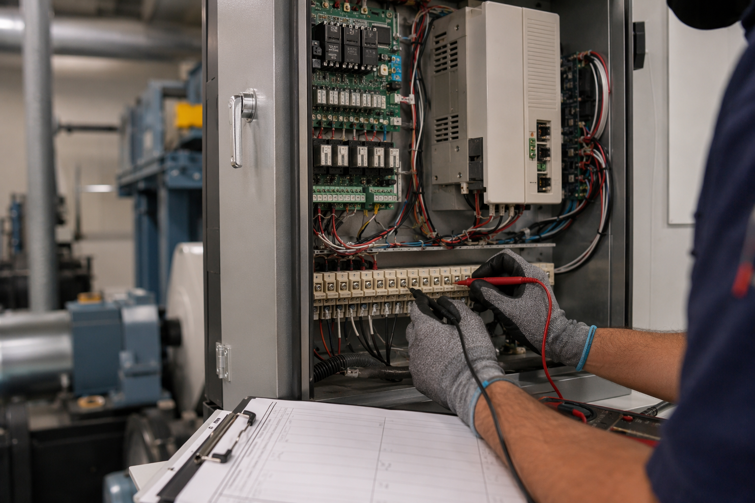 Dallas Elevator Controller Diagnostics Elevator technician testing a controller unit in a Dallas TX machine room during an emergency repair call, multimeter in hand at an open drive cabinet.