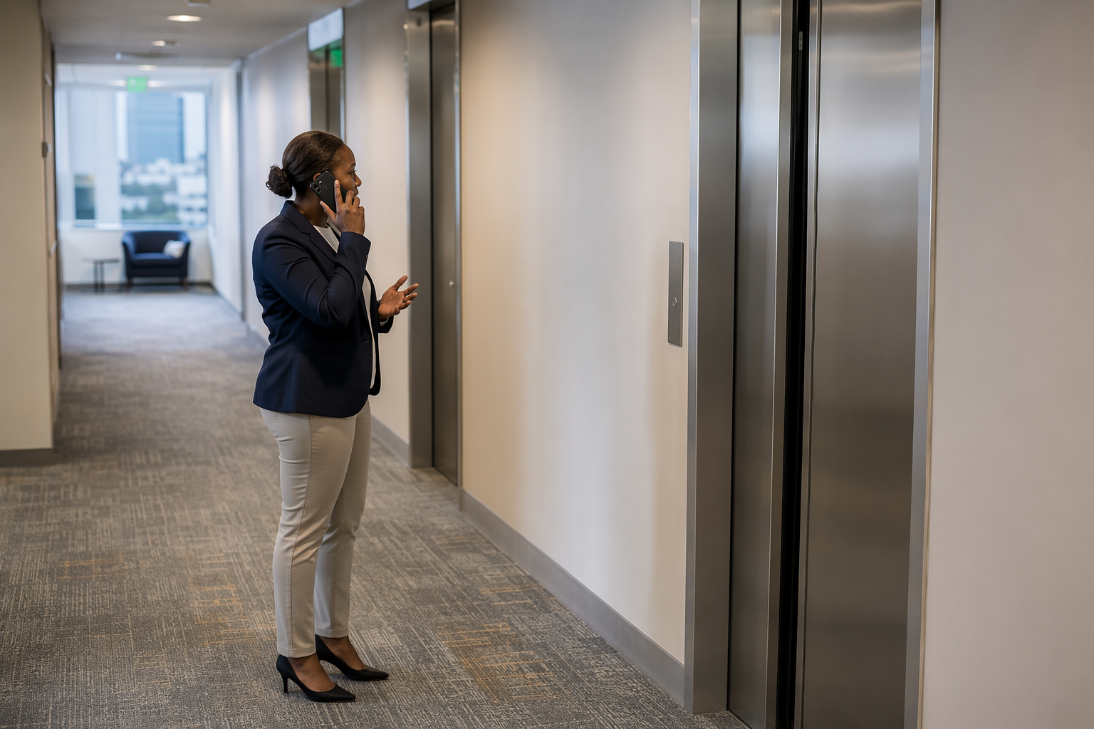 Building Manager Responding to Elevator Entrapment Dallas TX building property manager calling for emergency elevator repair after a door malfunction traps passengers in a commercial office building corridor.