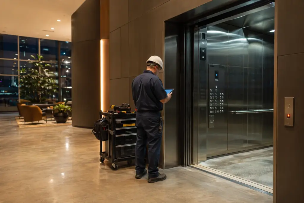 Licensed elevator technician responding to an emergency elevator repair call in a Houston TX commercial high-rise lobby at night, diagnostic tablet in hand.