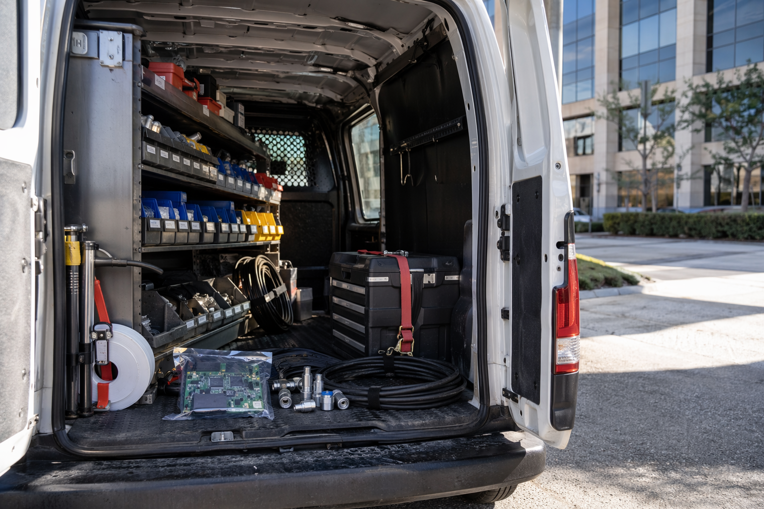 Emergency elevator repair service van stocked with hydraulic parts, control boards, and tools ready for a rapid response call in Houston TX.