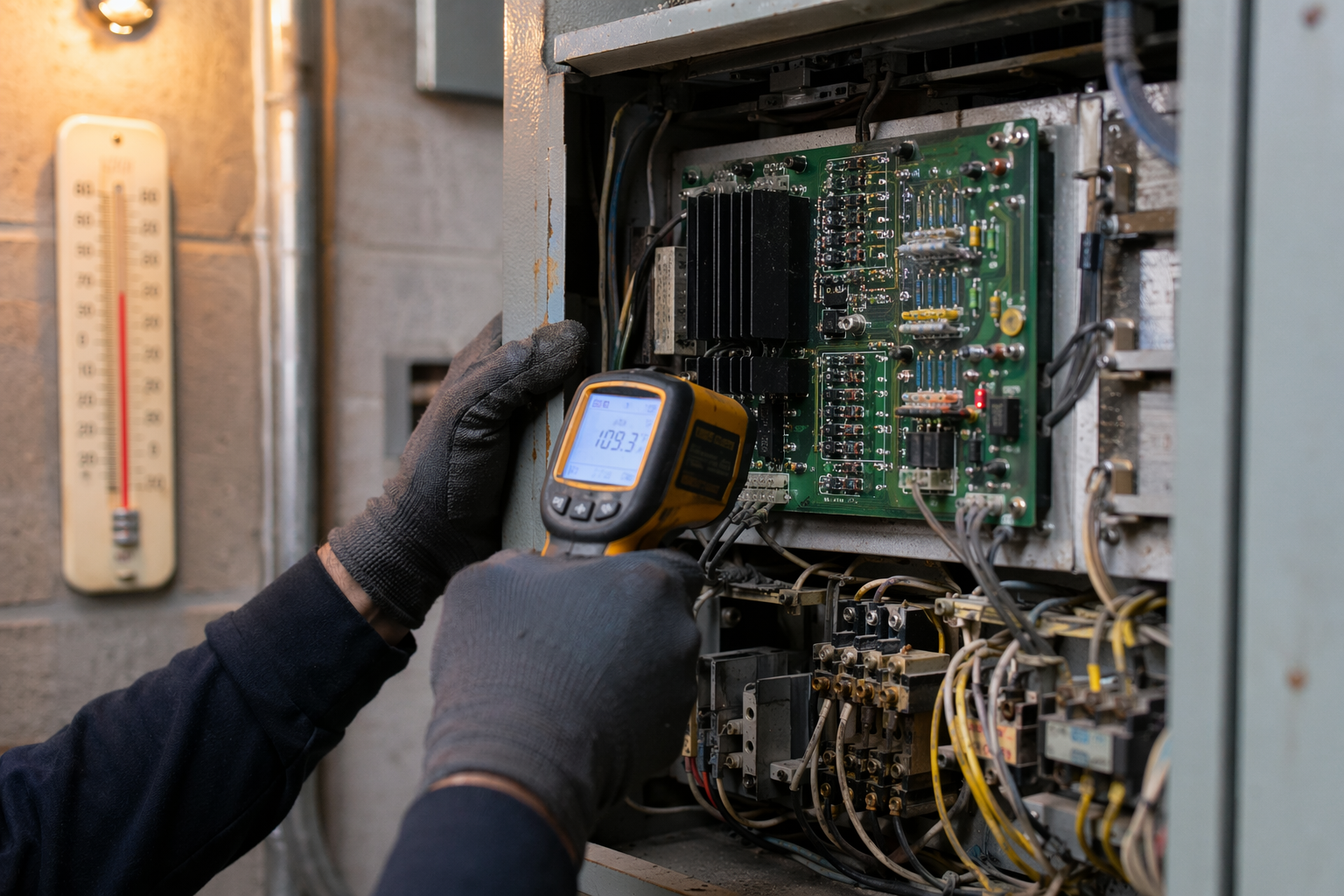 Elevator machine room controller showing heat-stressed components in a Houston TX building where summer temperatures accelerate emergency elevator failures.