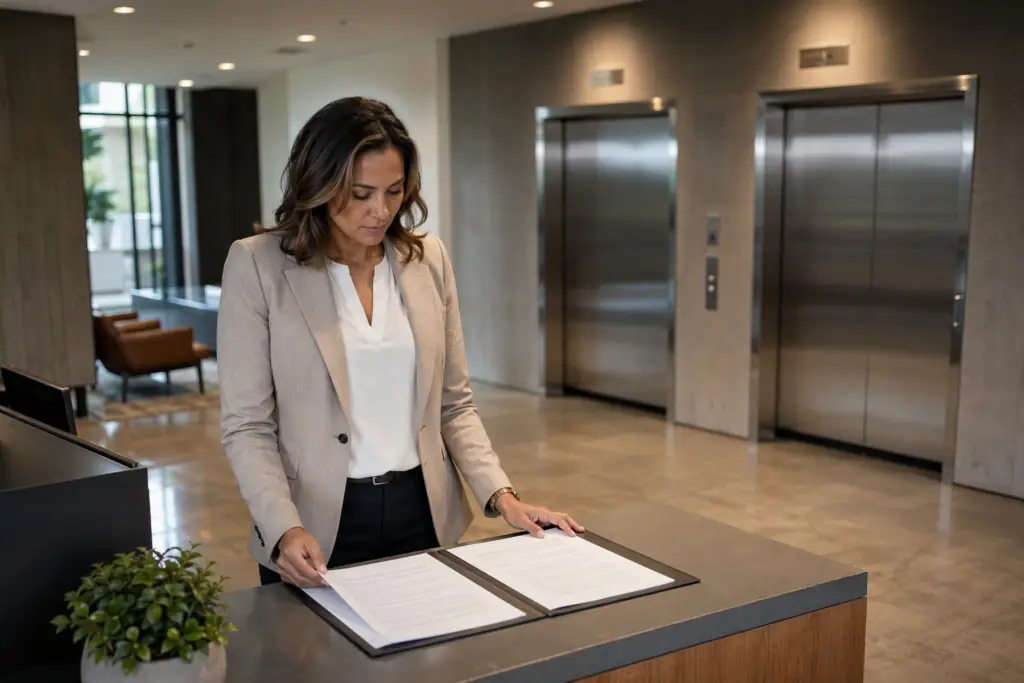 Property manager in Houston office lobby comparing full maintenance vs oil and grease elevator service contracts at a reception desk with elevator doors in the background.