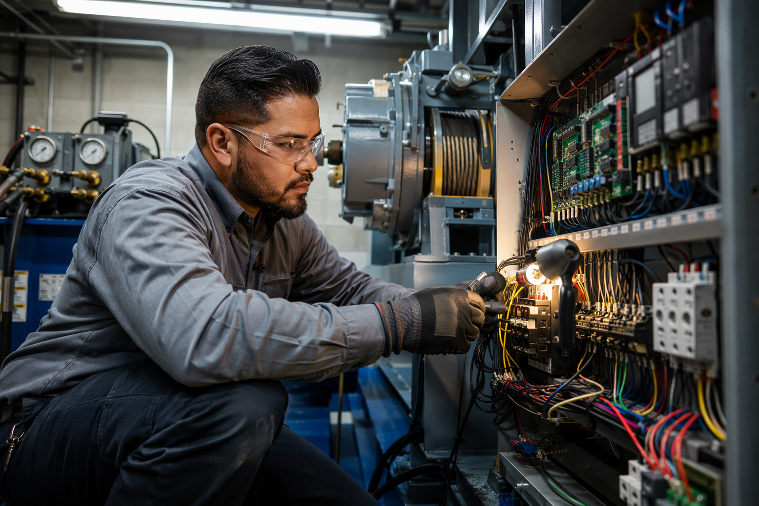 Elevator technician inspecting motor controller and hoist machine components inside a commercial machine room under a full maintenance service contract in Dallas TX.