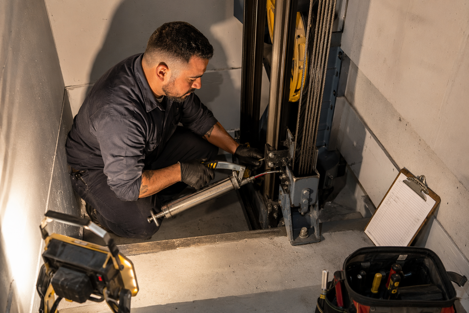 Elevator technician performing lubrication of guide rails and cables during an oil and grease contract service visit in a residential building pit in San Antonio TX.