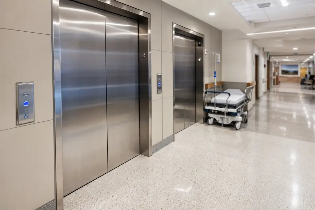 Healthcare facility elevator lobby with wide stainless steel doors, ADA call buttons, and gurney parked nearby, illustrating hospital elevator code compliance requirements.