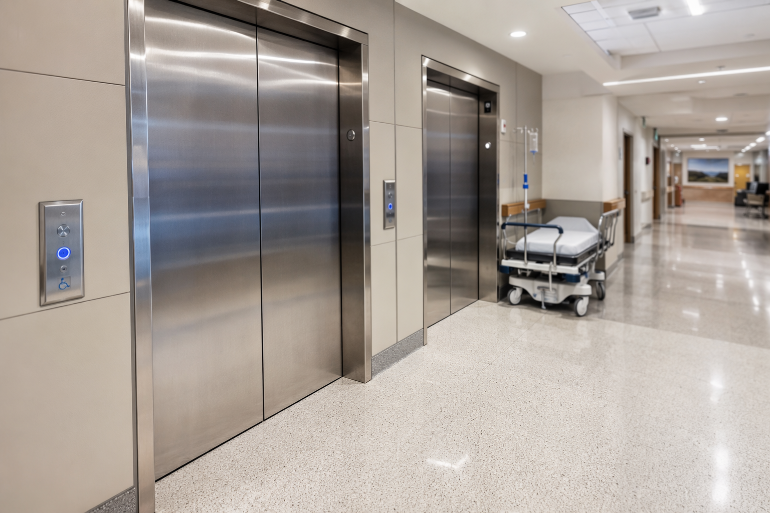 Healthcare facility elevator lobby with wide stainless steel doors, ADA call buttons, and gurney parked nearby, illustrating hospital elevator code compliance requirements.