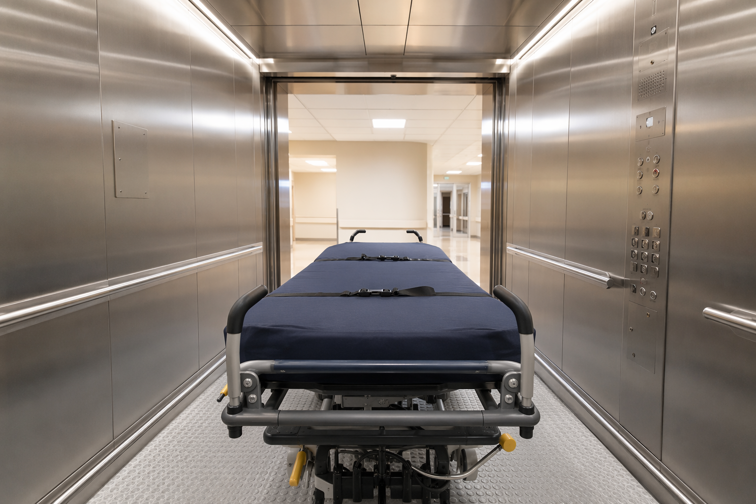 Inside a hospital-type elevator cab showing wide stainless interior, perimeter handrails, stretcher clearance, and ADA car operating panel meeting healthcare elevator size requirements.