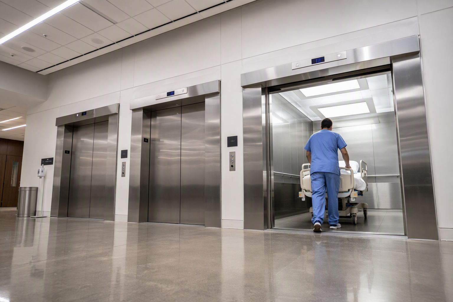 Wide-angle view of a modern hospital elevator lobby with oversized stainless-steel doors wide enough for gurneys, meeting hospital elevator requirements for healthcare facilities
