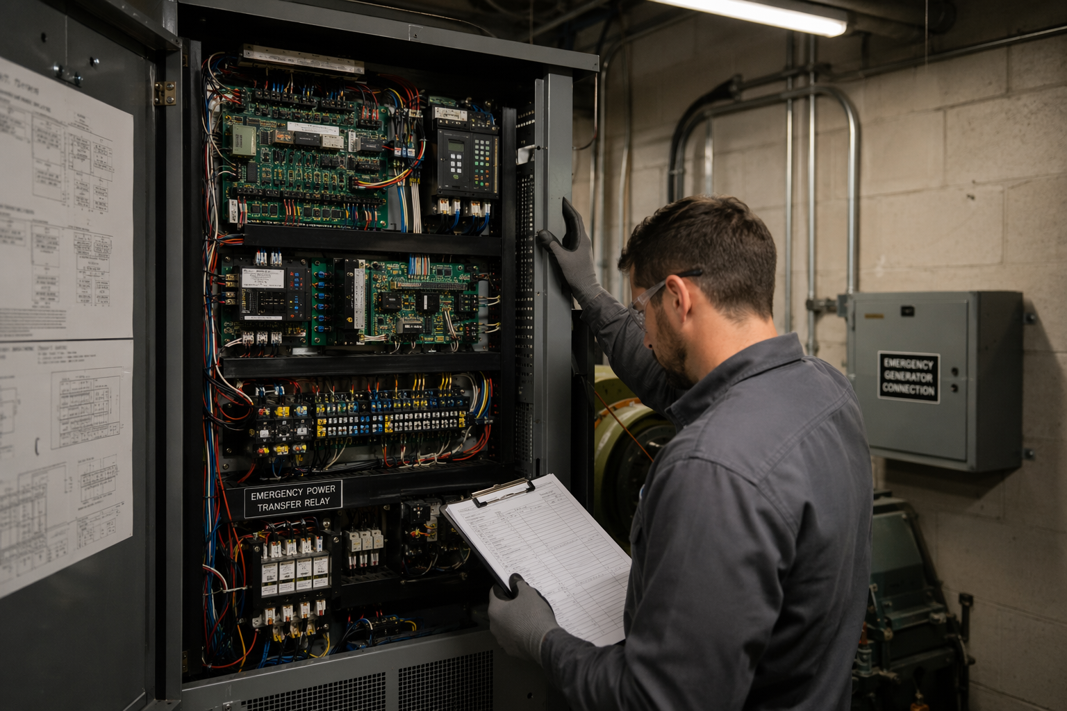 Elevator technician reviewing maintenance documentation beside an open hospital elevator controller in a machine room, illustrating hospital elevator inspection and compliance requirements