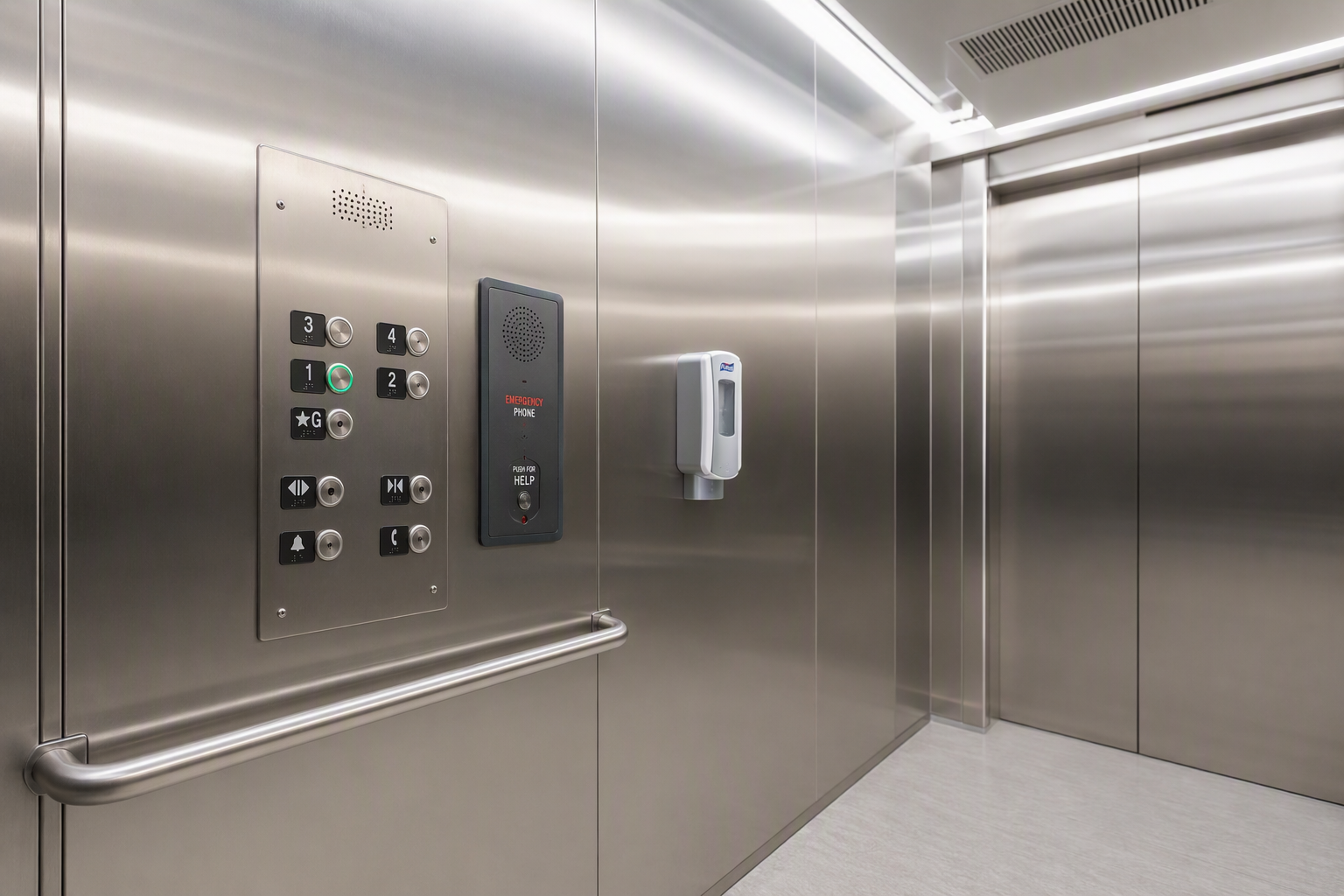 Interior of a hospital elevator cab showing ADA-compliant controls, antimicrobial stainless-steel walls, and infection-control finishes required for healthcare elevator maintenance compliance