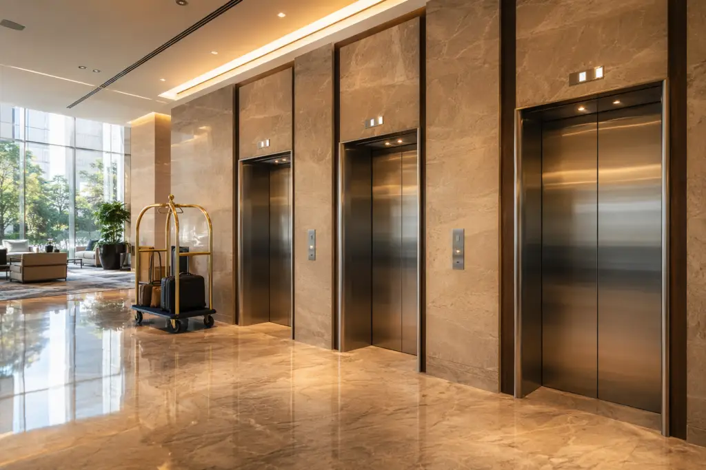 Hotel elevator bank with stainless steel doors and illuminated floor indicators in a Houston high-rise lobby, reflecting best practices for hotel elevator maintenance.