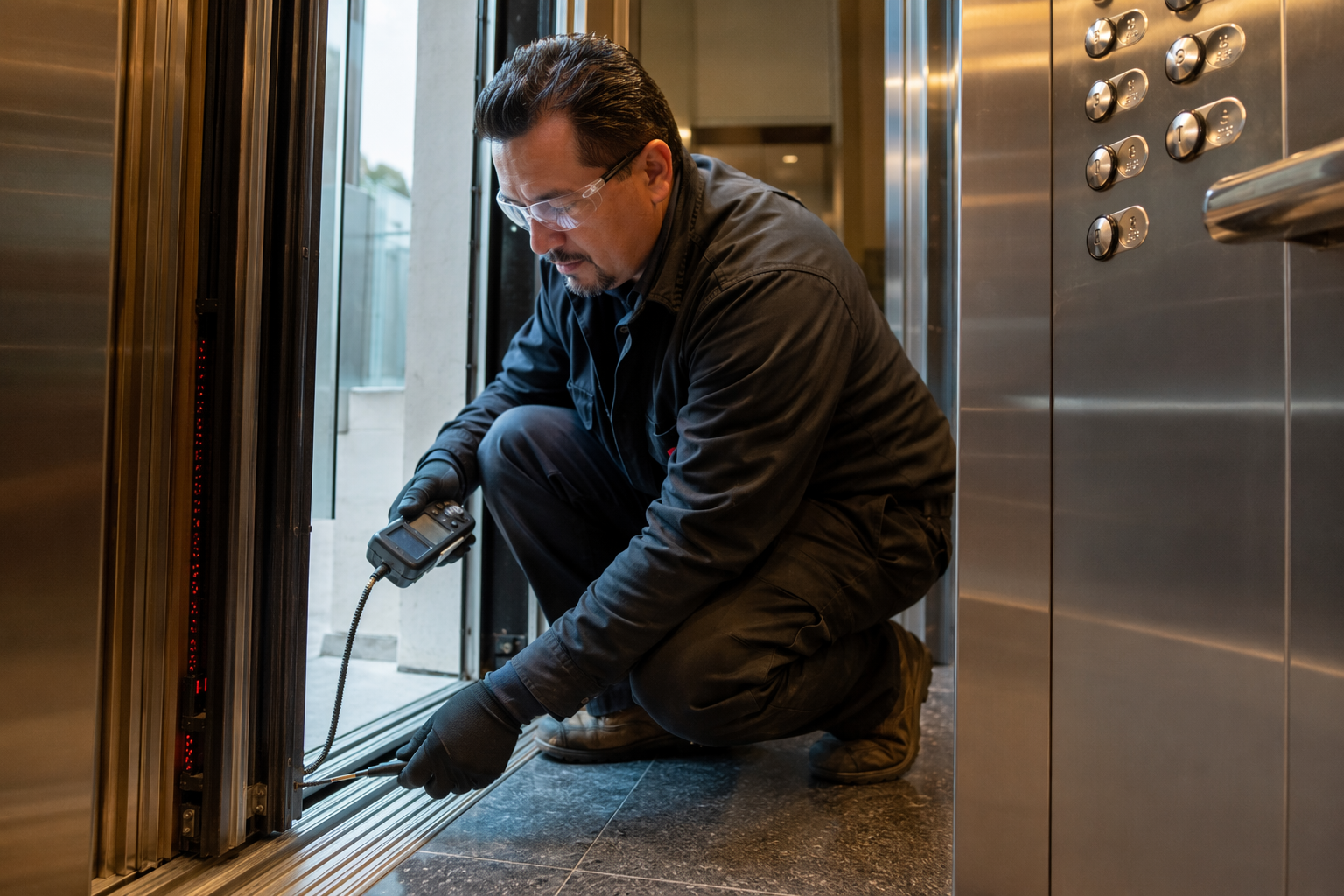 Elevator technician testing ADA-compliant door reopening sensors and safety light curtain inside a hotel elevator cab in Los Angeles, CA.