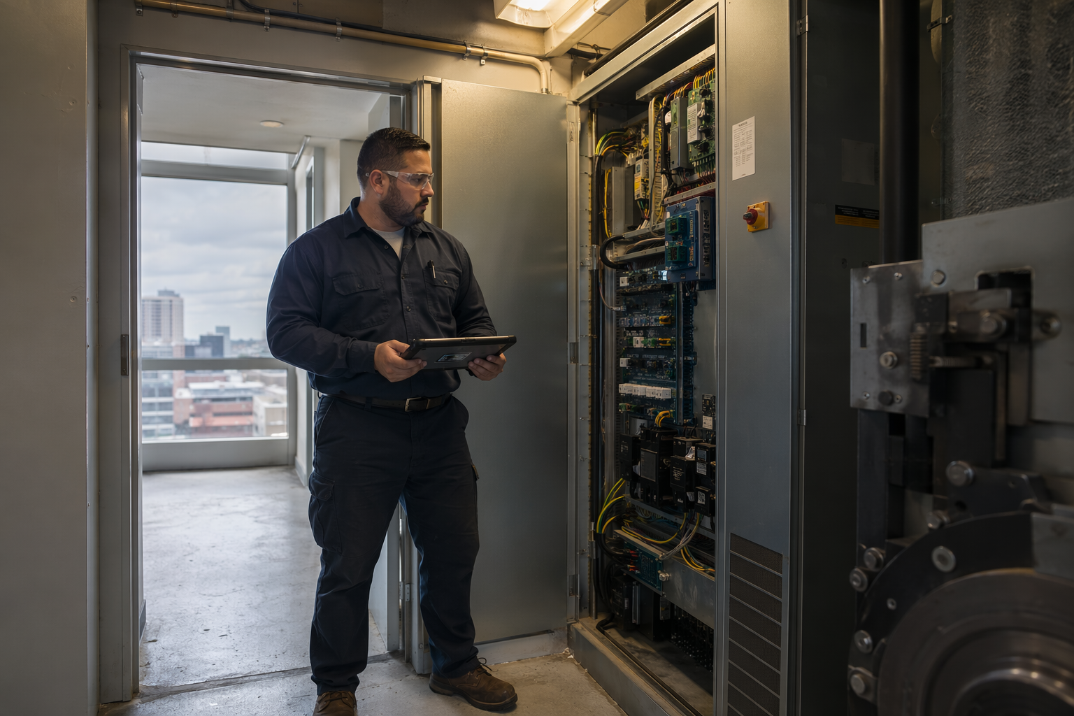 Elevator technician diagnosing a controller fault in a Houston office building machine room to determine how fast the elevator can be repaired