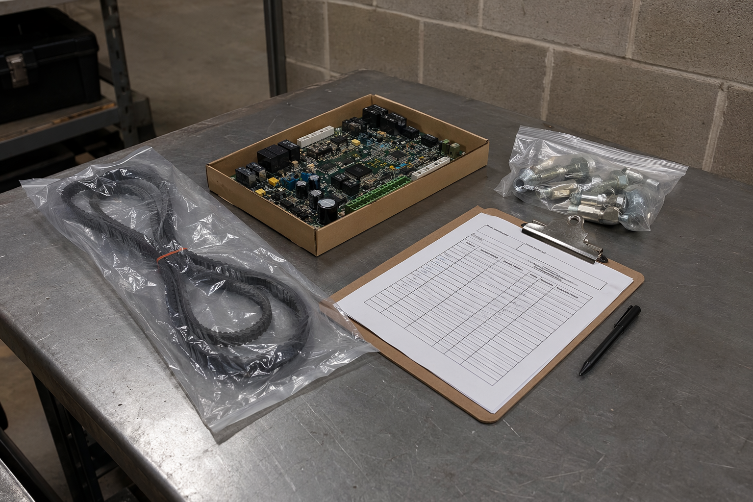 Elevator repair parts including door operator belt, control board, and hydraulic fittings laid out on a worktable, showing factors that affect elevator repair lead times