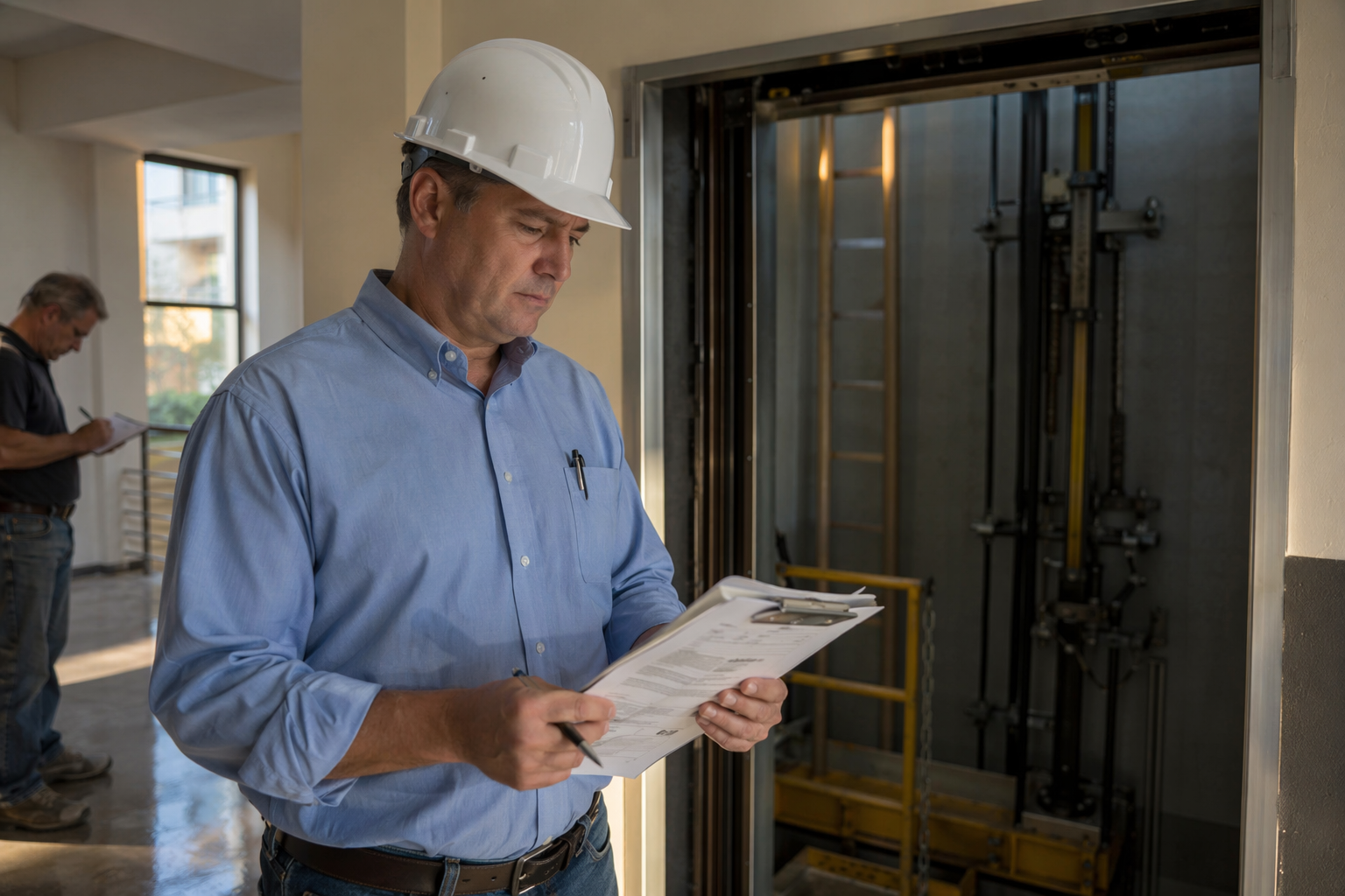 State elevator inspector reviewing compliance checklist at a San Antonio apartment building before elevator is cleared to return to service after repair