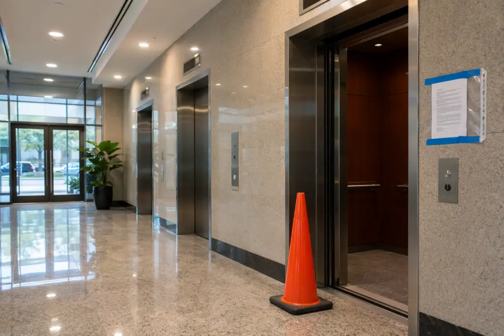 Commercial elevator lobby in Houston TX with out-of-service cone and violation notice on door frame, illustrating elevator safety violation correction timelines