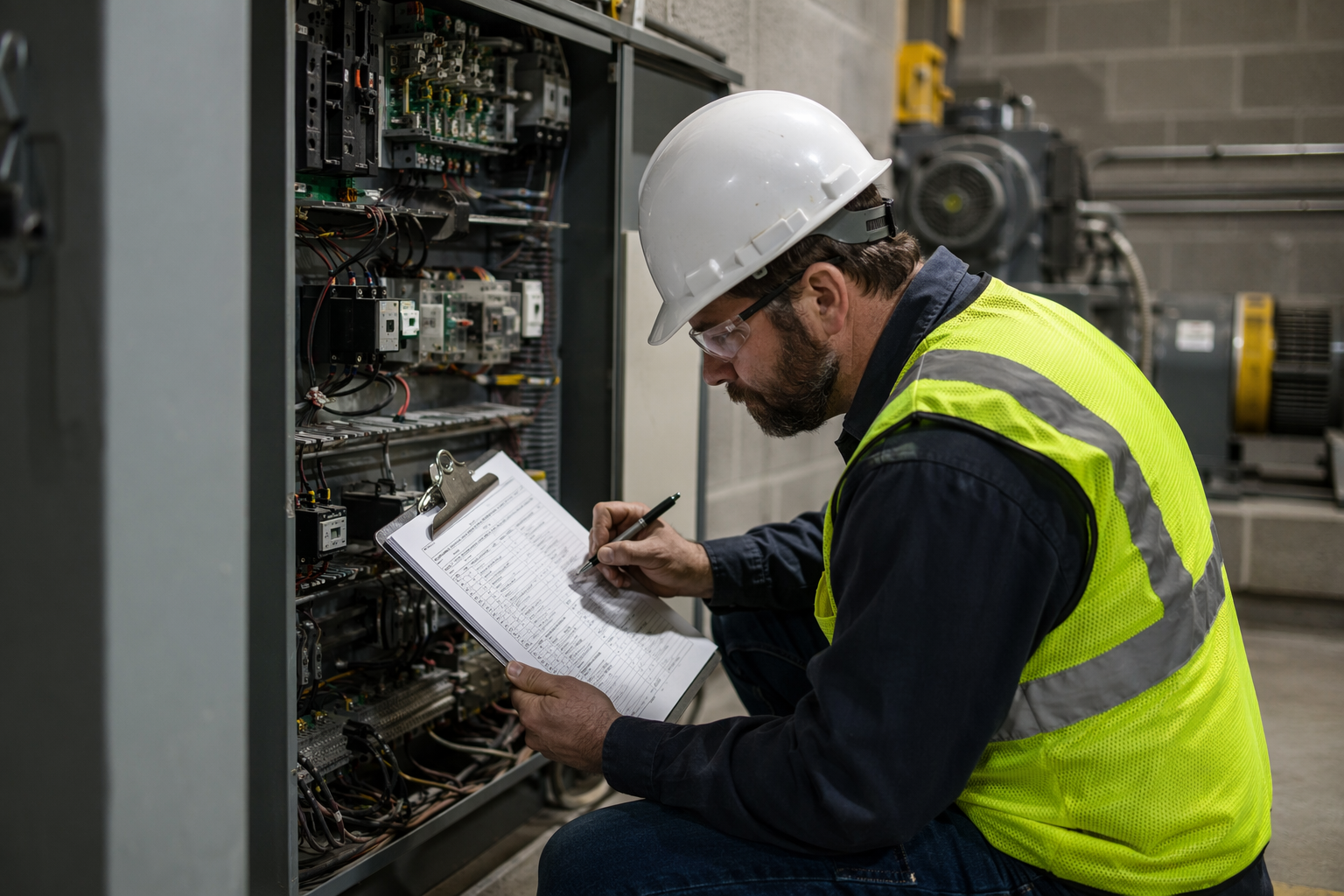 Elevator inspector reviewing violation documentation at a machine-room controller cabinet in a Dallas TX commercial building during a safety compliance inspection