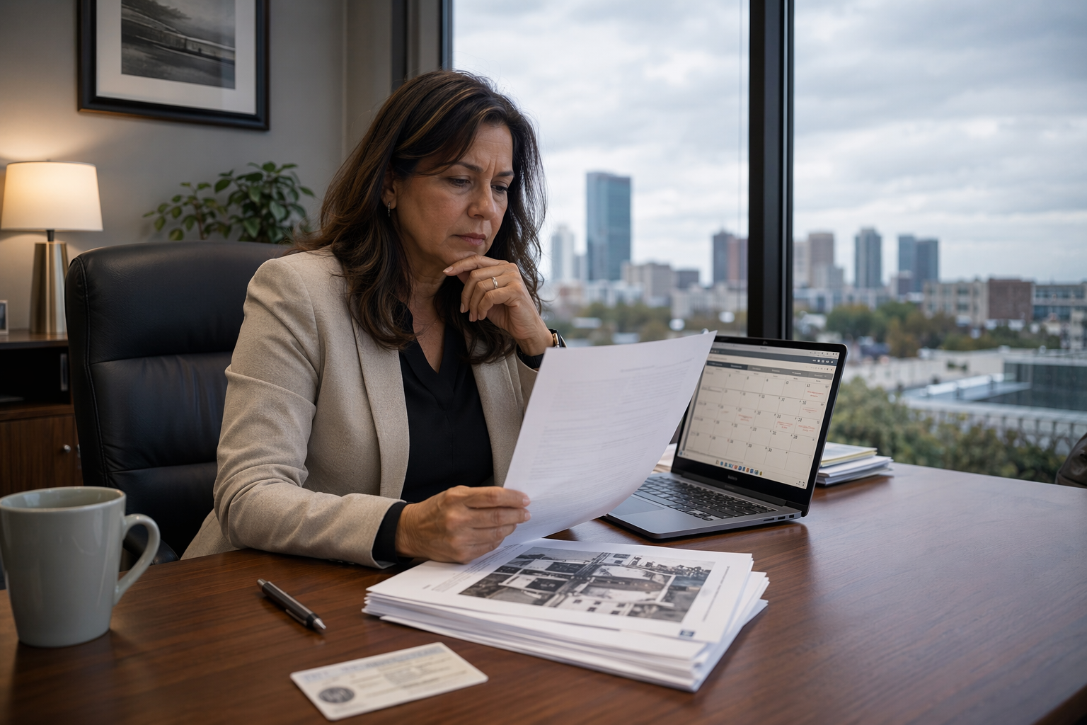 Houston TX building property manager reviewing elevator safety violation correction deadlines and inspection reports at her office desk to avoid TDI fines